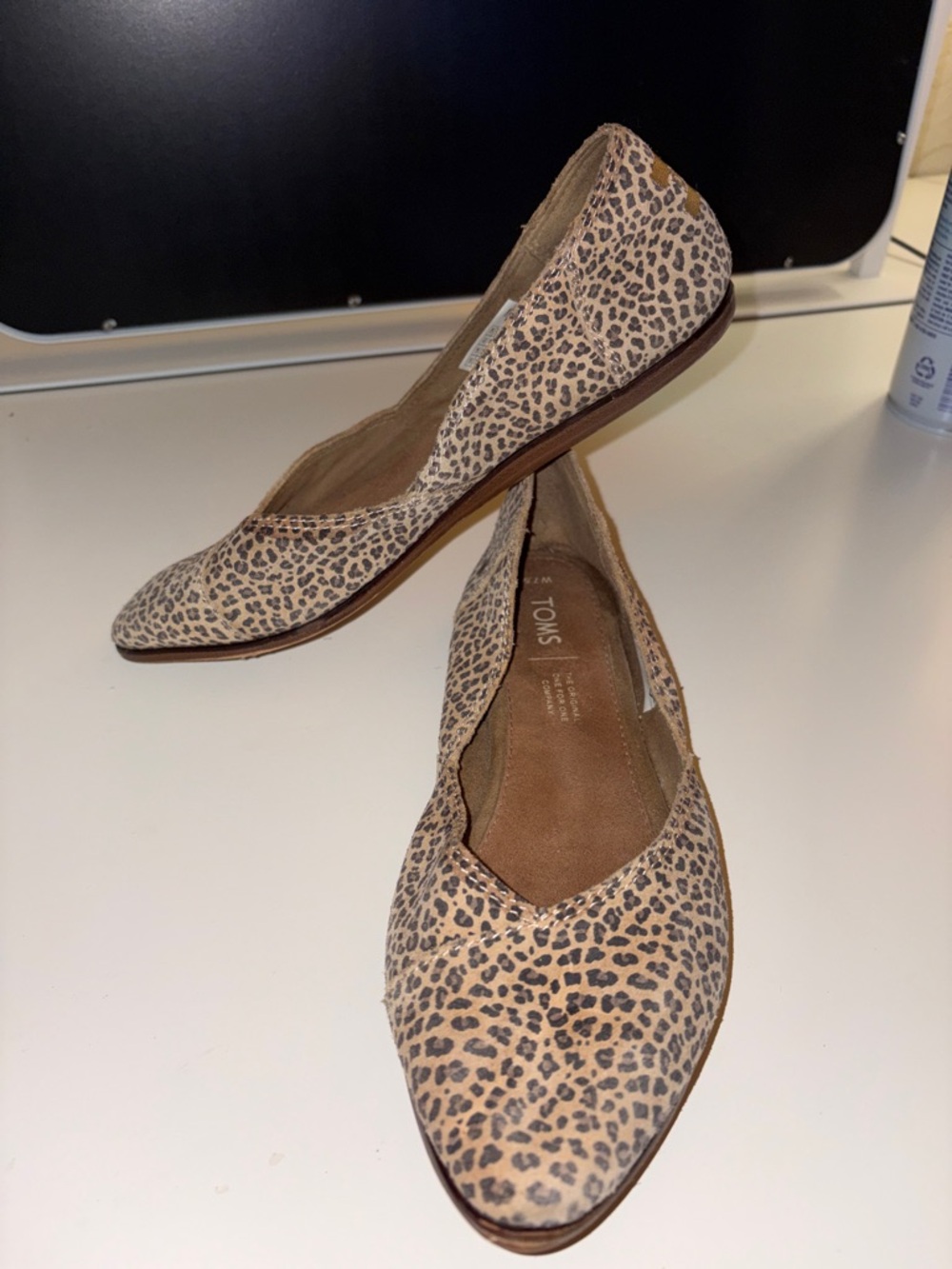 TOMS Leopard-Print Pointed Toe Flats in Beige and Black